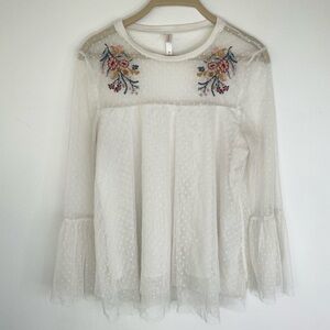 Vintage Xhilaration White Mesh Fairycore Top Whimsigoth Floral Embroidery M